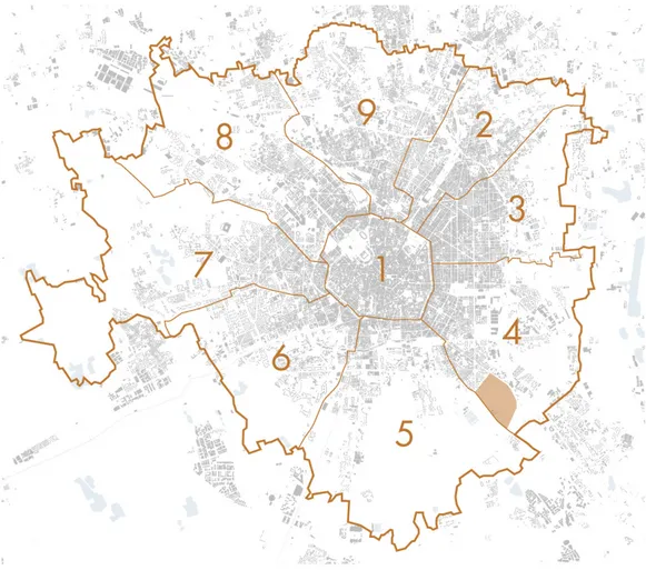 Fig. 11 _ Carta del Comune di Milano, suddivisione in municipi e inquadramento dell’area di progetto