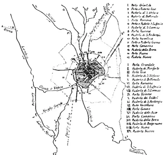 Fig. 1 _ Carta dei fiumi su cui si sviluppa il sistema idrico milanese (ultimi secoli dell’impero romano)