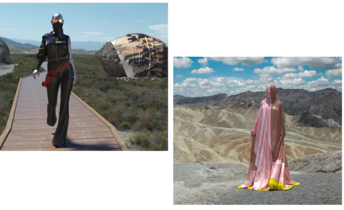 Figure 2.11. The dressed avatars were then inserted in hyper-realistic landscapes, mixing the real and  the digital in a way that sparks confusion and curiosity on the viewer