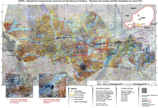 Figure 3.1: Animal paths (yellow) highlighted from the analysis of high definition satellite imagery - ©GAF AG (map), RapidEye (EO imagery) [41].