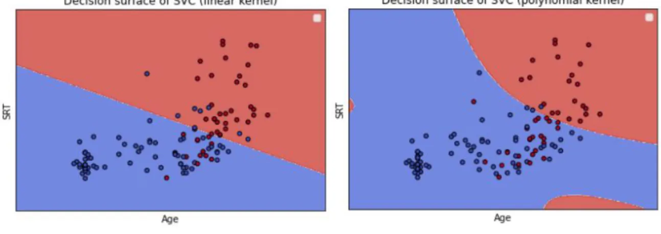 Figure 7. Decision surfaces for Support Vector Machine classifiers implementing different kind of kernels