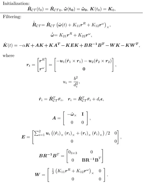 Table 4.1: The 2 nd Order Minimum Energy Filter on SO(3) Initialization: Rˆ CT (t 0 ) = ˆ R CT 0 , ˆ ω(t 0 ) = ˆω 0 , K(t 0 ) = K 0 , Filtering: R˙ˆ CT = ˆ R CT ω(t) + Kˆ 11 r R + K 12 r ω  × , ˙ˆ ω= K 21 r R + K 22 r ω , K(t) = −αK + AK + KA˙ T −KEK +BR 