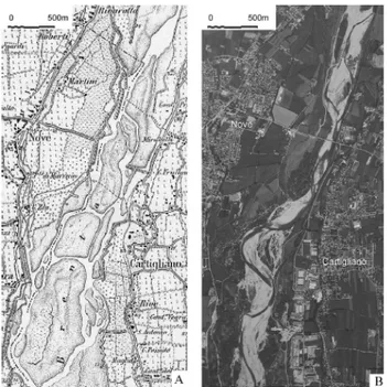 Figure 2.4: Channel narrowing along the Brenta River: (A) topographic map (I.G.M.) of 1887; (B) aerial photograph of 1999