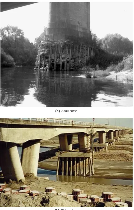 Figure 2.6: Effects on infrastructures stability: bridges with exposed piles due to riverbed incision [ 44 ][ 36 ].