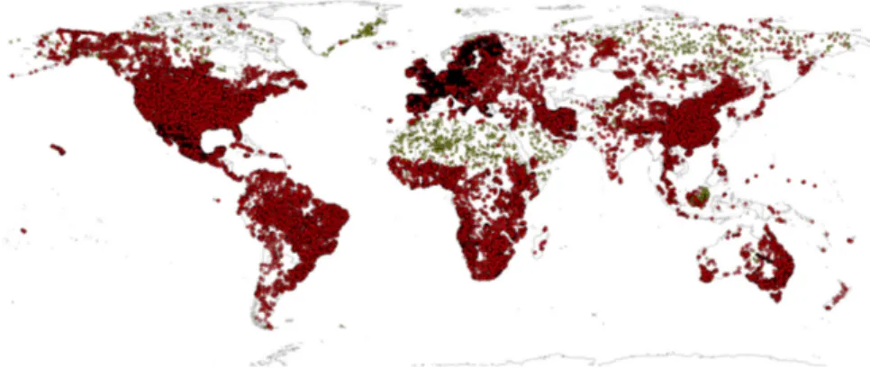 Figure 4.6 Input profile data: World distribution of soil profiles used for model fitting (about 150,000 points shown on the map; see acknowledgments for a complete list of data sets used).