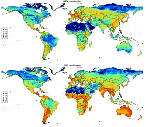 Figure 4.7 Maps of scaled Shannon Entropy index for USDA and WRB soil classification maps