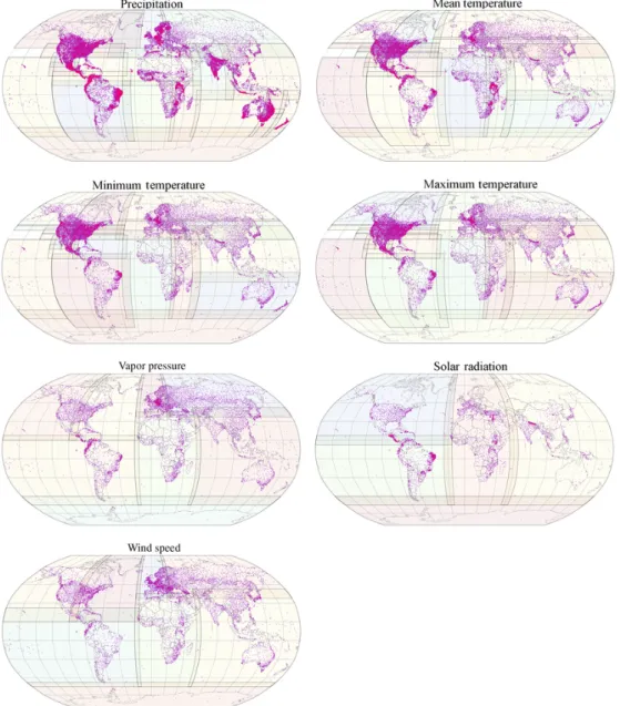 Figure 4.11 Spatial distribution of weather stations used for the different climate variables: