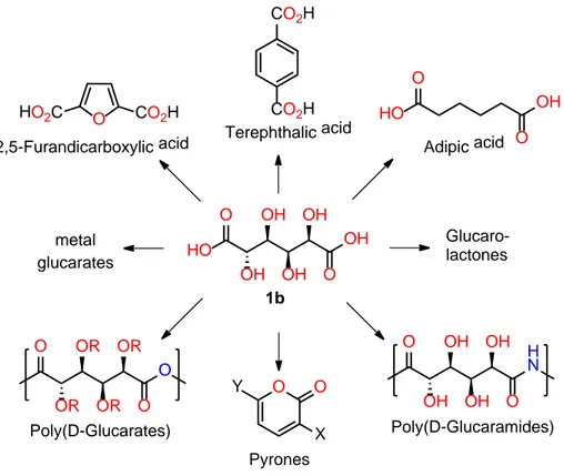 Figure 2.10 – Potential use of D-glucaric acid (1b) as platform molecule for relevant  products and materials