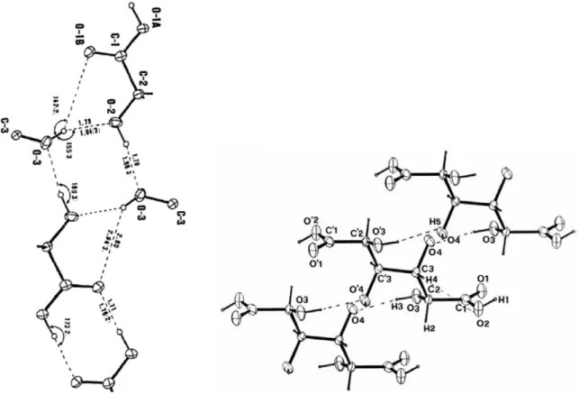 Figure 2.14 - ORTEP view (50% ellipsoids) of galactaric acid crystal structure showing  inter- and intramolecular hydrogen bonds