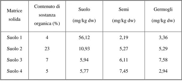 Tabella 15: Concentrazioni di NP rilevate nel suolo e nei tessuti delle piante al termine della coltivazione (Sjostrom et al 2008) 
