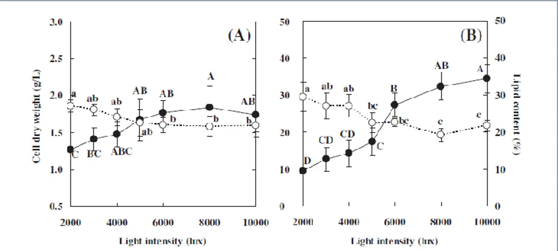 Figura 7 Effetto dell’intensità della luce sulla crescita della biomassa e sull’accumulo dei  lipidi in due micro-alghe (Cheirsilp, B., Torpee, S., 2012) 