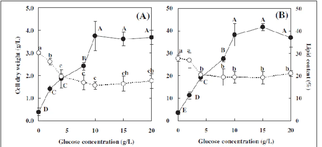 Figura 8 Effetto della concentrazione iniziale del substrato sulla crescita della biomassa e  sull’accumulo dei lipidi (Cheirsilp, B., Torpee, S., 2012) 