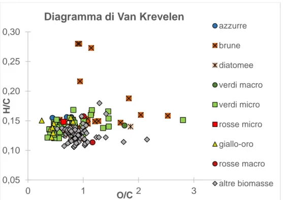 Figura 11 Diagramma di Van Krevelen per biomassa algale e altre biomasse 