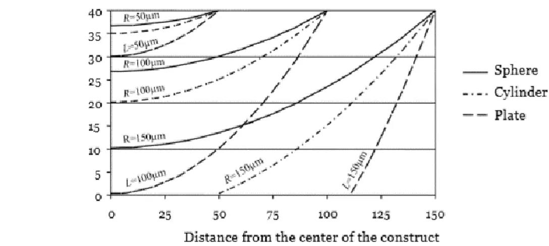 Figure 1.15 Oxygen concentration profile arising from different construct geometries: a greater drop in  solute concentration can be observed in the flat scaffold, while the lowest one within the spheroid geometry 