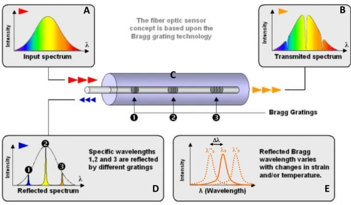 Figura 2.1: Funzionamento dei sensori a reticolo di Bragg (trovata in internet).