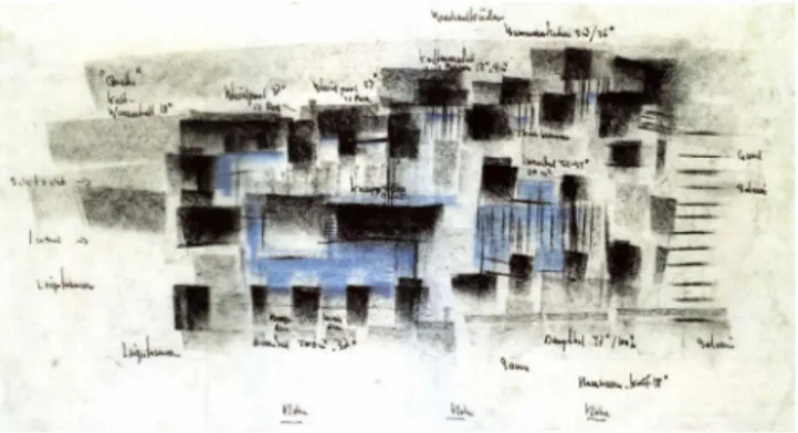 FIG. 33Zumthor’s thermal drawings for the Thermal  Baths in Vals understanding the haptic  realm of the envisioned project.