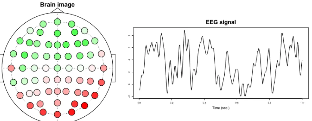 Figure 2.1: On the left: EEG brain signal at a fixed instant of time. On the right: EEG profile at a fixed electrode.