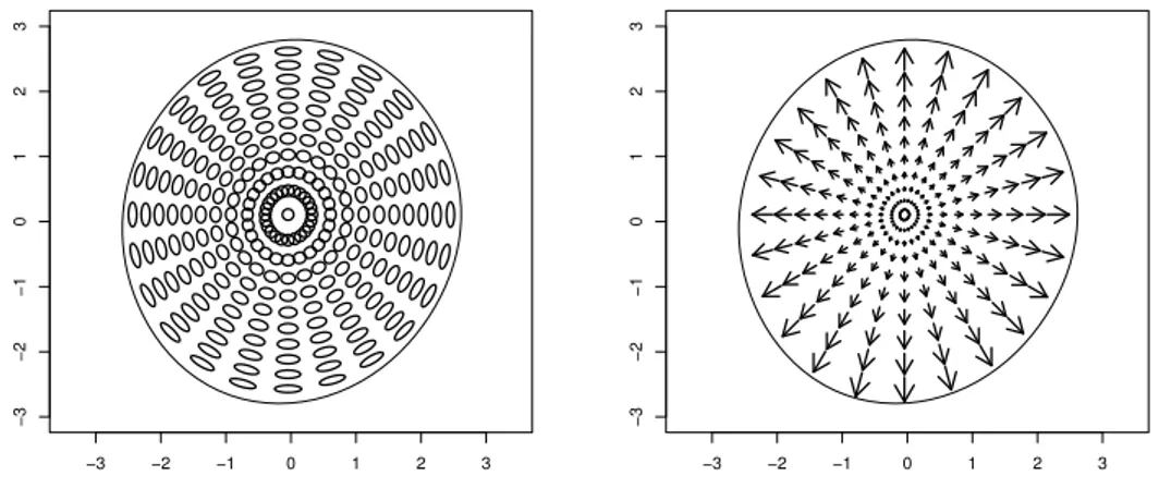 Figure 1.7: Left: diffusion tensor field K, used in the velocity field application, that smooths the obser- obser-vations in the tangential direction of concentric circles