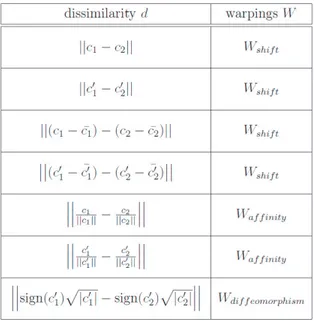 Figure 3.3: Possible choices of dissimilarity index and warping function class.