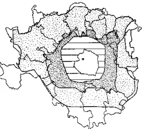 Figura 3 - Soprammessa all’espansione territoriale del Comune di Milano al 1873 e al 1924 è stata  comparata l’estensione dei piani regolatori di Beruto (1889, area rigata), Pavia e Masera (1912,  area puntinata fitta) e Albertini (1934, area con puntinatu
