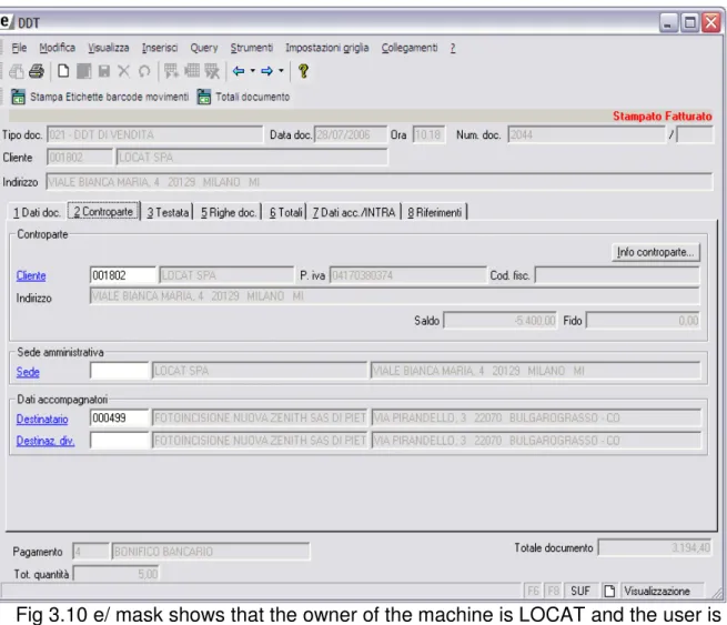 Fig 3.10 e/ mask shows that the owner of the machine is LOCAT and the user is  FOTOINCISIONE NUOVA ZENITH