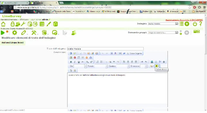 Figura 8.2:2 - Screenshot del software LimeSurvey per la compilazione della descrizione del questionario 