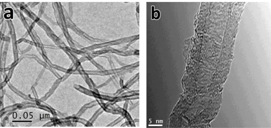 Fig.  ‎ 2.11 (a) high magnification and (b) high resolution TEM images of CNTs synthesized  by CVD method after purification