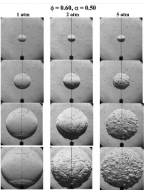 Figure 3.6: Onset of cellular instabilities of the same hydrogen/propane mixture at different pressure.