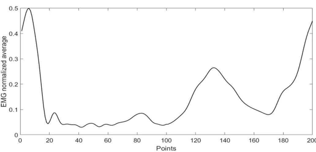 Figure 3.5: Average of the muscular activation pattern during 13 right steps. Axis X: number of points (100 stance, 100 swing); Y: maximum filtered and normalized muscular activation.