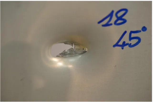 Figure 4.8 – 45° impact perforation on the Aluminium Alloy plate, front view   [RIS Balipedium, Rome, 2016]