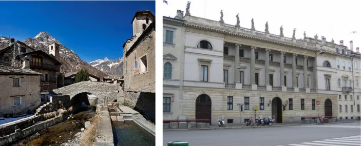 Fig.  3  ‐  On  the  left,  country  on  Monviso  Mountain:  identity  value  and  genius  loci  expression  through  the  use  of  materials and colours. On the right, Palazzo Saporiti, Milano: the relationship colour‐material‐architectural element is  cl