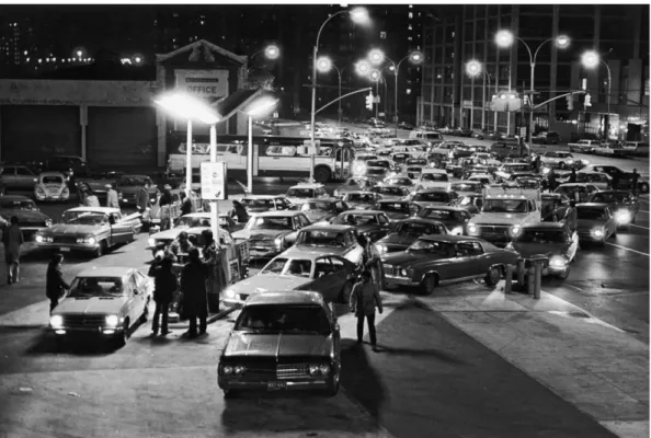 Fig 1.1 Cars lining up at a gas station during the 1973–74 oil shortage, Brooklyn, New York,  U.S