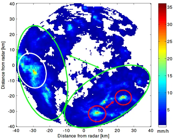 Figure 4.2: Typical rain field that illustrates the aggregative process observed by a radar located at Spino d’Adda.