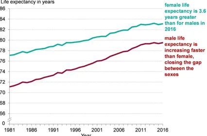 Figure 1.3: life expectancy at birth for males and females 1981 to 2016 in UK (Source: