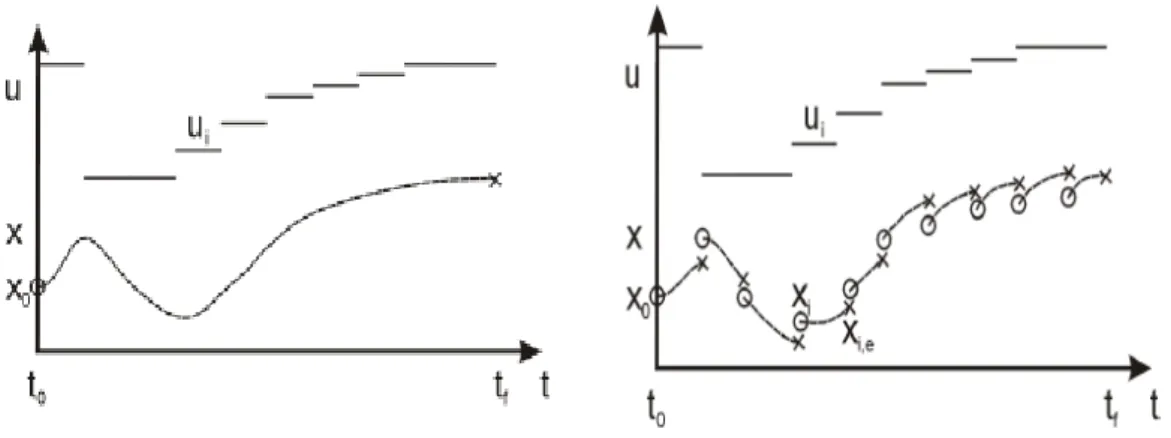 Figure 2.1: Direct single shooting, direct multiple shooting and direct orthogonal collocation.
