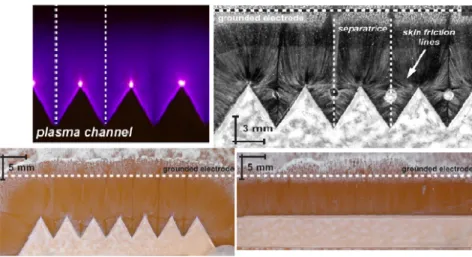 Figure 2.20: Image of plasma for a serrated design and friction line visualization comparison between linear and serrated-edge exposed electrode