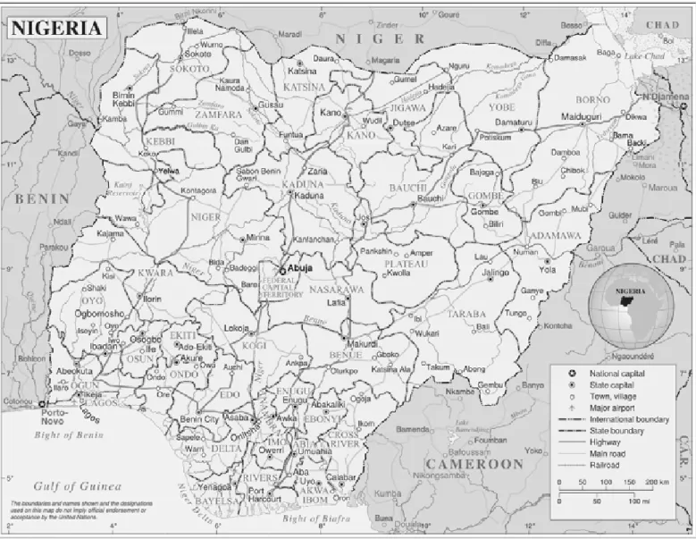 Figure 2 : Map of Nigeria showing state boundaries,waters and highway Source : Google Map