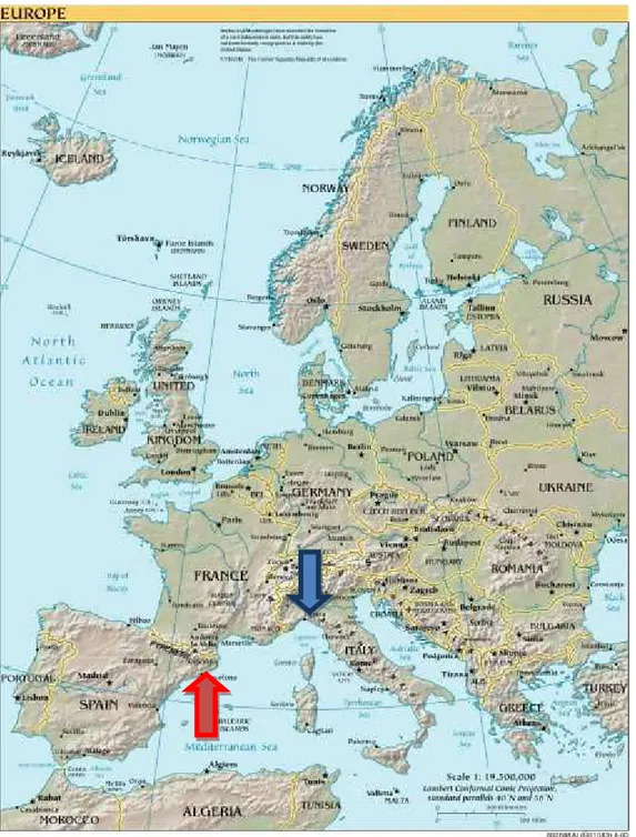 Fig 12: Cartina geografica dell’ Europa, le frecce indicano la posizione delle aree studiate, in rosso Cap de Creus  e in blu Portofino
