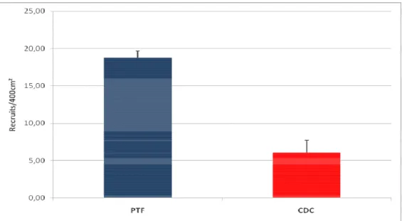 Fig. 22: densità delle reclute nella popolazione di Portofino (PTF in blu) e di Cap de Creus (CDC in  rosso)