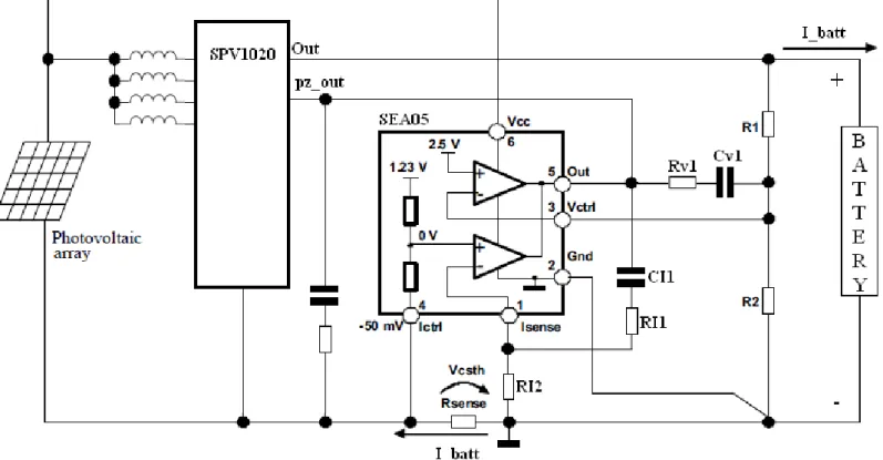 Figura 6.4: Schema elettrico semplificato del battery charger realizzato con il  convertitore SPV1020 e con l’integrato SEA05 
