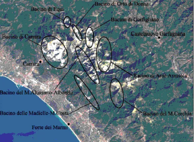 Fig.  1   Principali aree estrattive delle Apuane. 