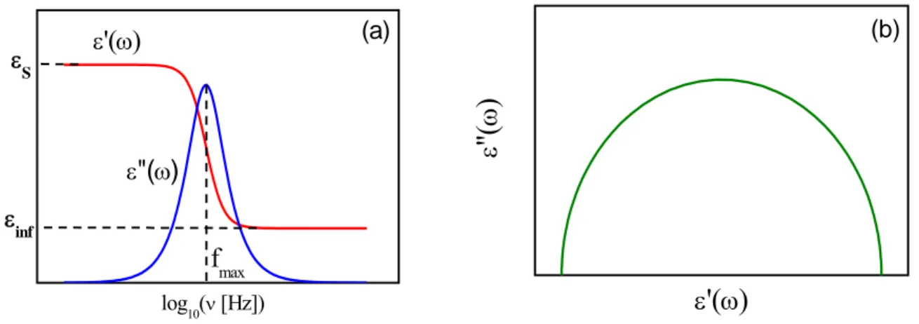 Fig. 1.3 (a) Frequency dependence of the real,  ε ′ , and imaginary,  ε ′′ , parts of permittivity in a simple 