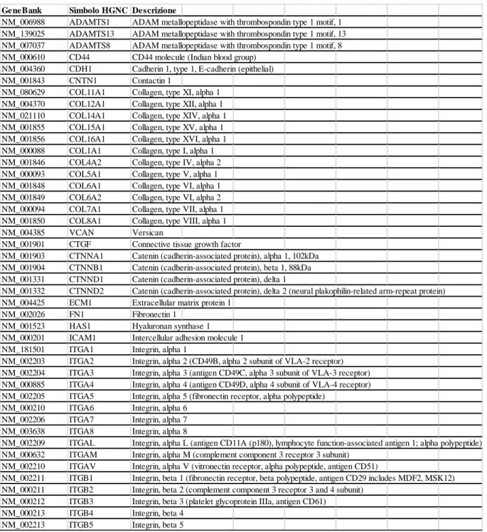 Tabella 1 Sono riportati i codici identificativi della Banca Dati GeneBank per le sequenze geniche delle  84  molecole  analizzate,  unitamente  alla  nomenclatura  HGNC  (The  HUGO  Gene  Nomenclature  Committee)