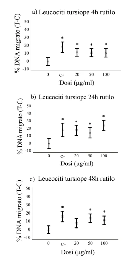 Fig.  6.  Fig.  4.  Grado  di  frammentazione  del  DNA,  espresso  come  differenza  tra  trattamento  e  controllo (T-C), in leucociti di tursiope esposti a TiO 2  nella forma cristallina rutilo