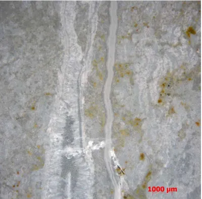 Fig. 9.1 – Oyelite, vena formata da cristalli fibrosi bianchi. Fuka,  Okayama Prefecture, Giappone