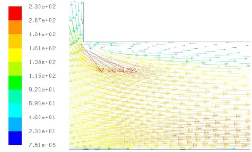 Figura 6.12  Visualizzazione dei vettori velocità nella zona di meato interessata dal fenomeno  della vena contracta