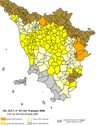 Figura  1.8:  mappa  della  classificazione  sismica  attuale  in  Toscana  con  evidenziazione  (con  tratteggio verticale) delle zone a maggior rischio (fonte: Regione Toscana)
