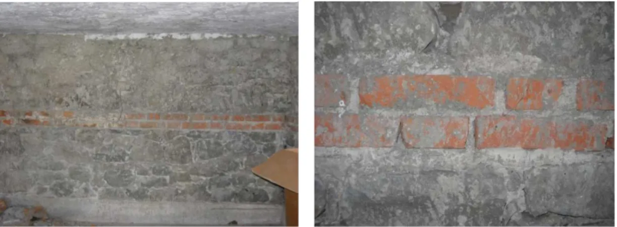 Fig.  4.7: foto della muratura in pietra con ricorso di due file mattoni pieni in laterizio 25x12x5  cm