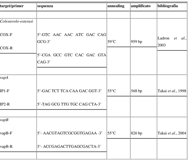 Tabella 2 - Specifiche dei primer utilizzati nelle prove di PCR 