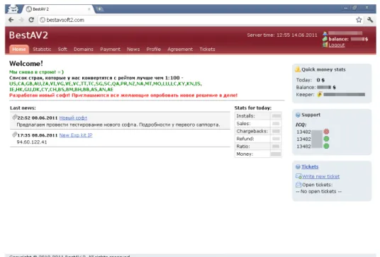 Figure 1.2: Affiliate control panel for a rogue antivirus software campaign (BestAV). [34]